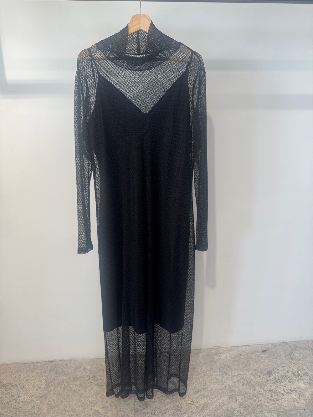 Black Long Sleeve Mesh Overlay Maxi Dress